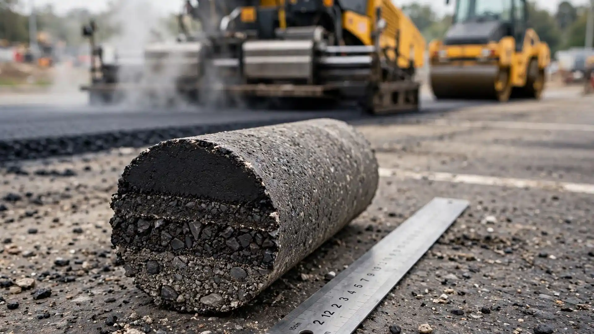 Asphalt core sample cross-section showing compacted pavement layers