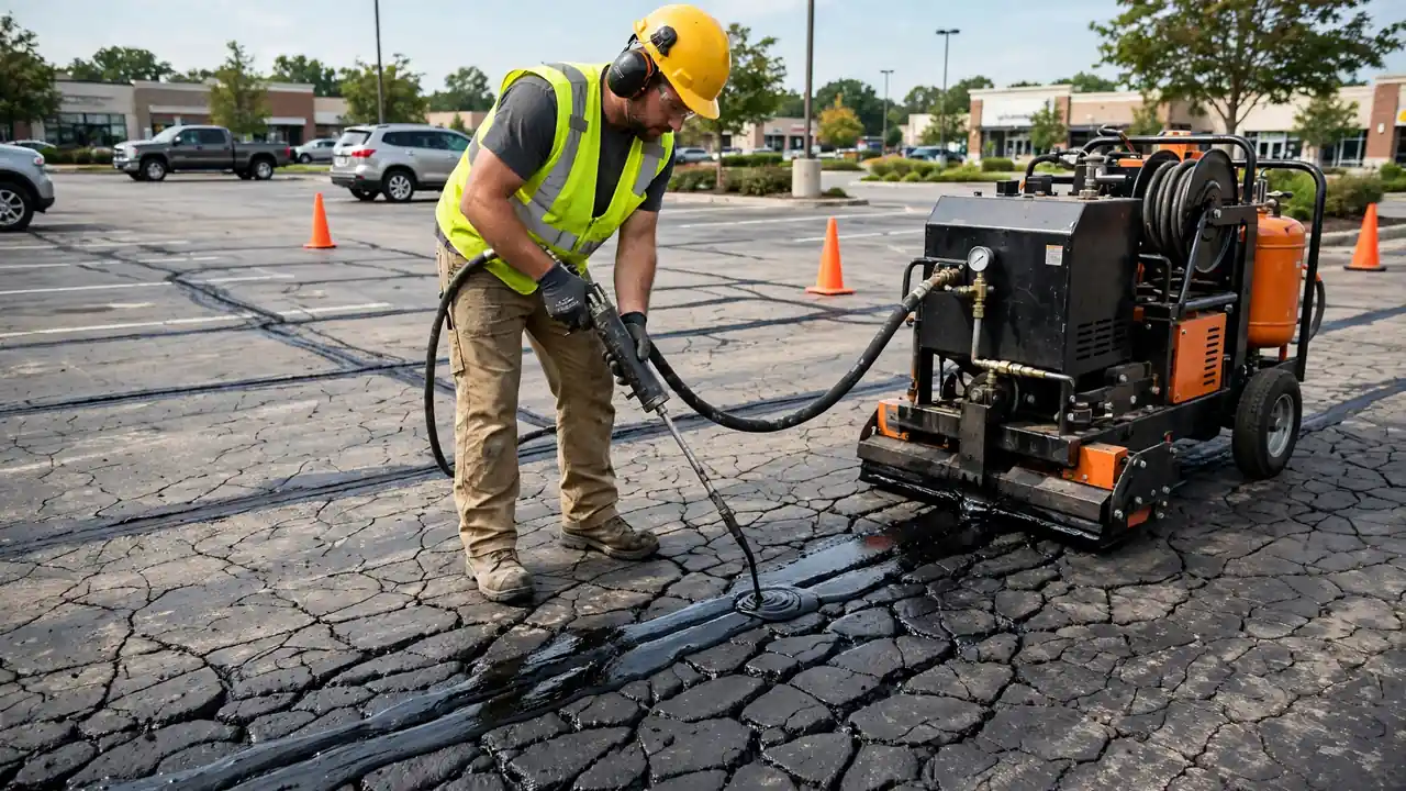Worker applying hot crack sealant to alligator-cracked asphalt