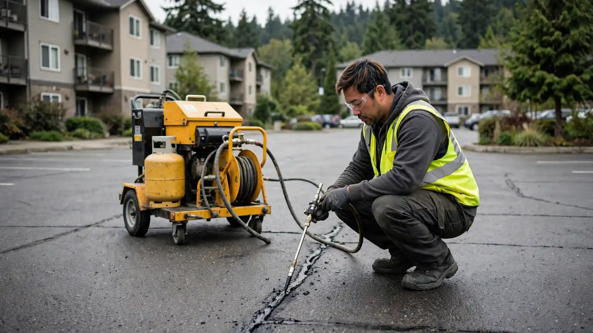 Technician applying crack filling treatment to a serviceable HOA parking lot