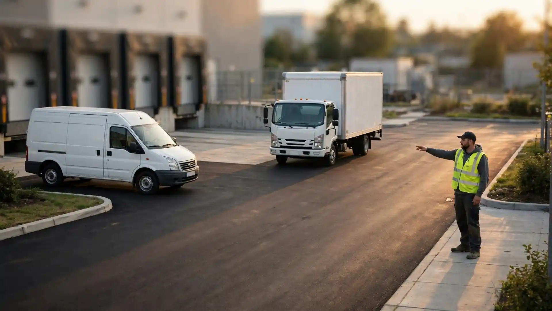 A delivery van and box truck at the loading area of a newly paved commercial parking lot