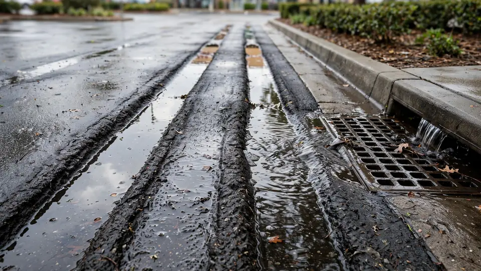 Water pooled inside wheel ruts beside a catch basin grate