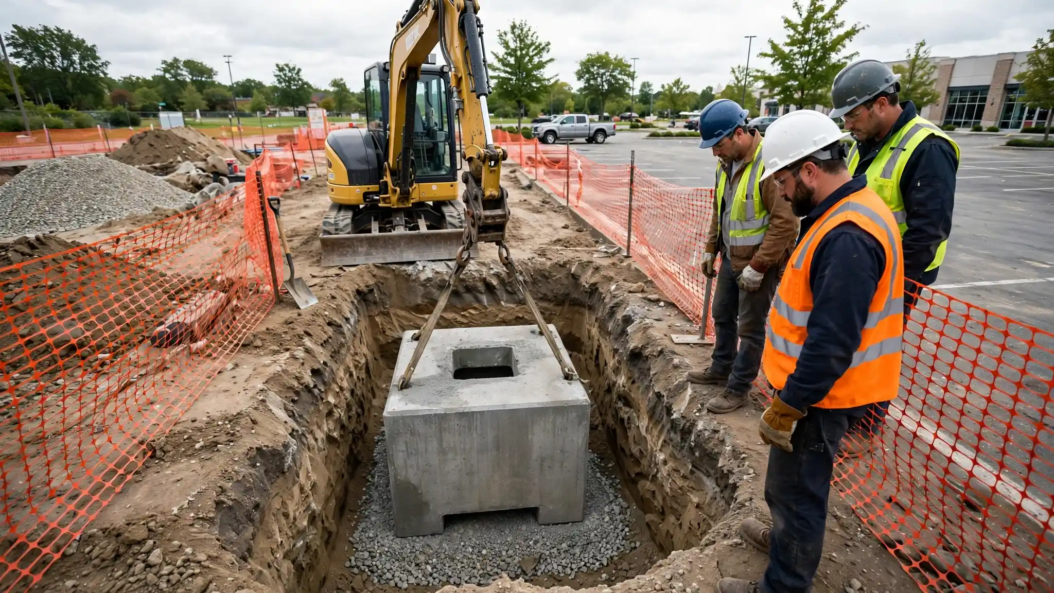 Crew installing a catch basin drainage structure in an excavated parking lot trench