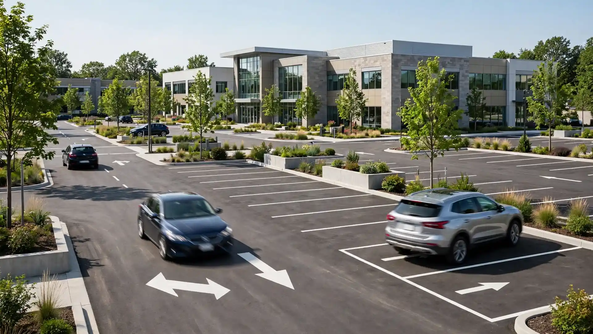Cars driving gently through a newly opened parking lot following painted directional arrows