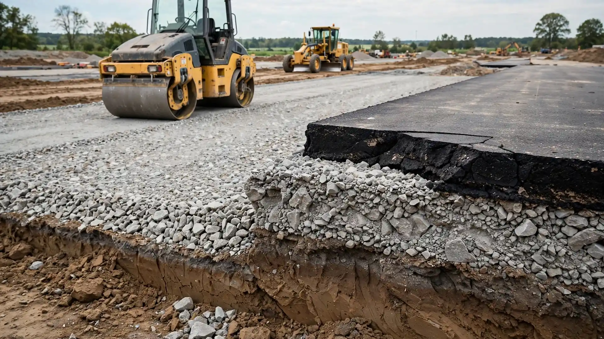 Vibratory roller compacting aggregate base over exposed parking lot subgrade