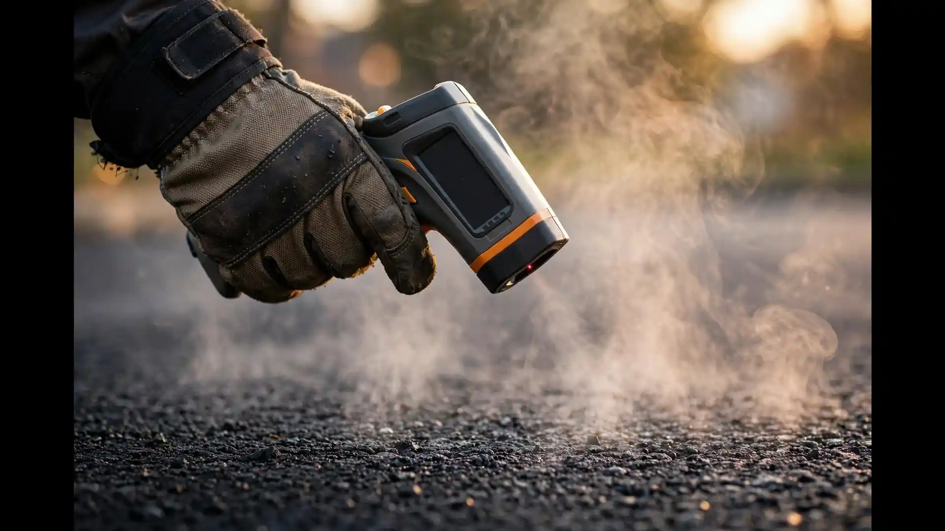 A contractor checking fresh asphalt surface temperature with an infrared thermometer