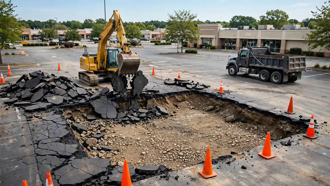 Excavator removing failed asphalt during a full-depth parking lot repair