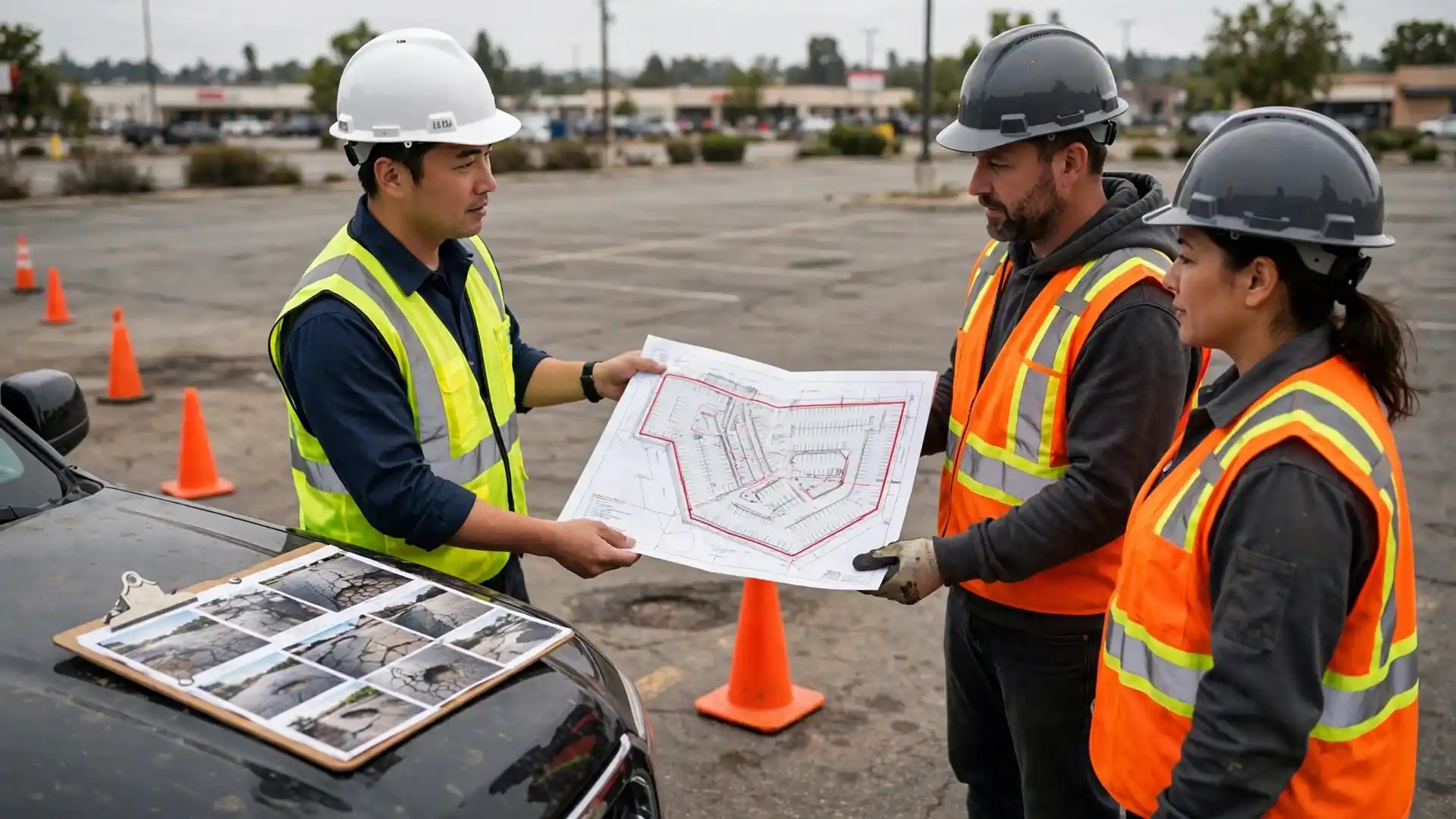 Facility manager sharing a marked parking lot site plan with paving contractors