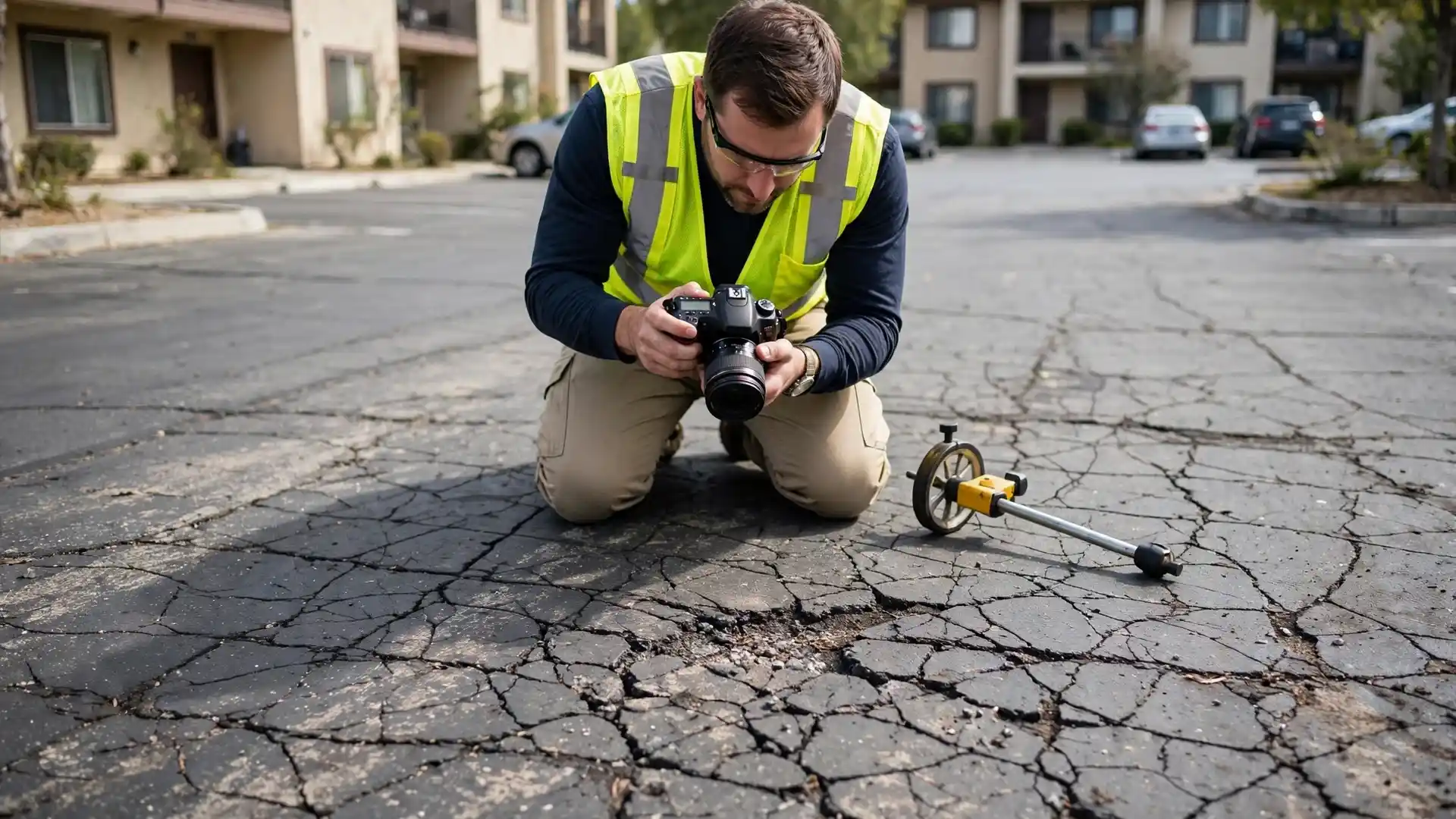 Inspector photographing pavement cracks with a camera and measuring wheel on an HOA parking lot