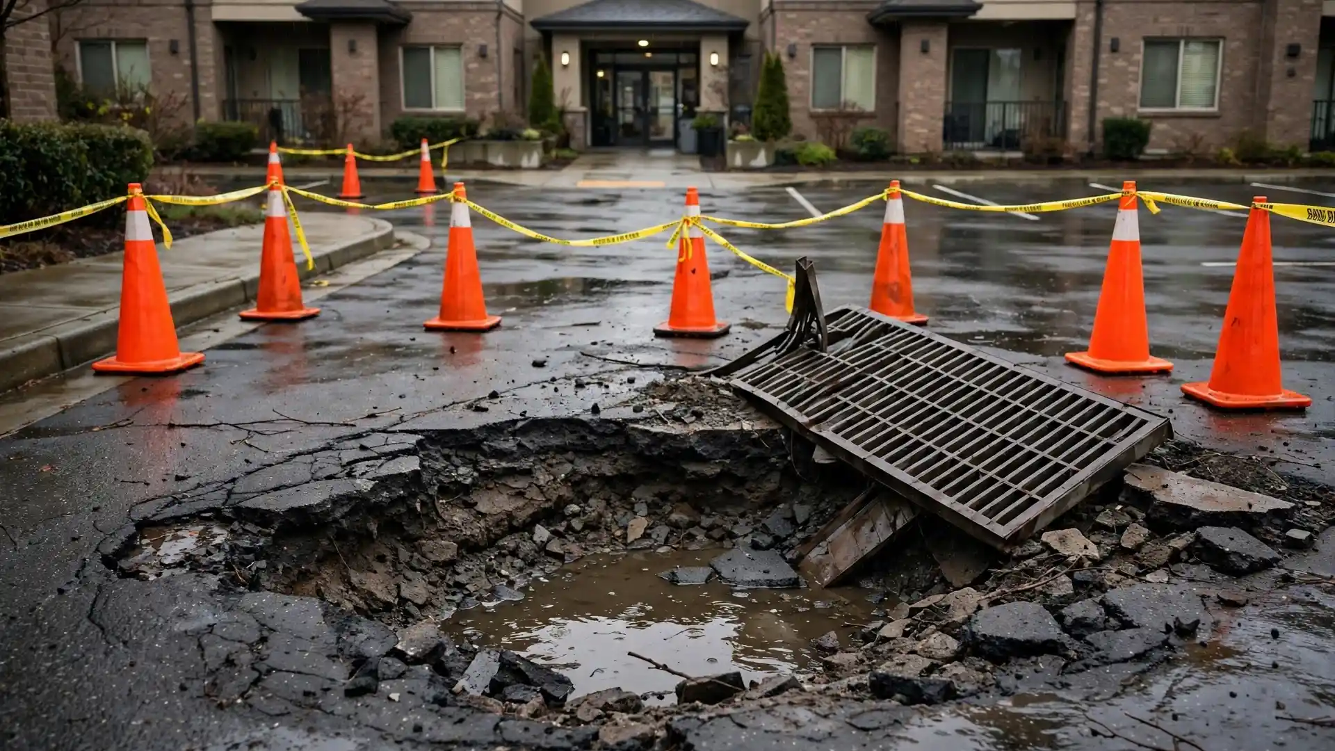 Deep pothole and damaged drainage grate cordoned off with traffic cones near a parking lot entrance