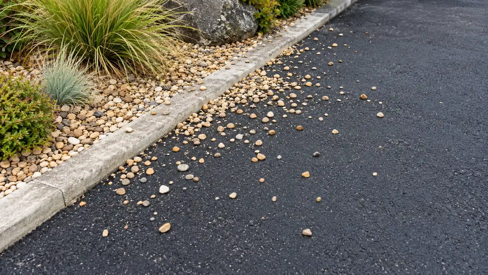 Tan landscaping gravel scattered across intact asphalt beside a concrete garden border