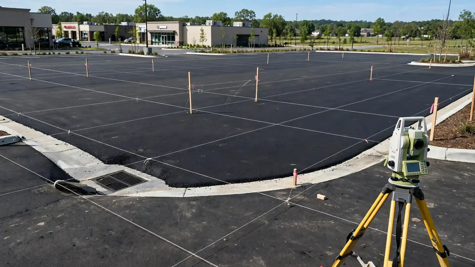 Surveyor checking parking lot grading toward a catch basin drain