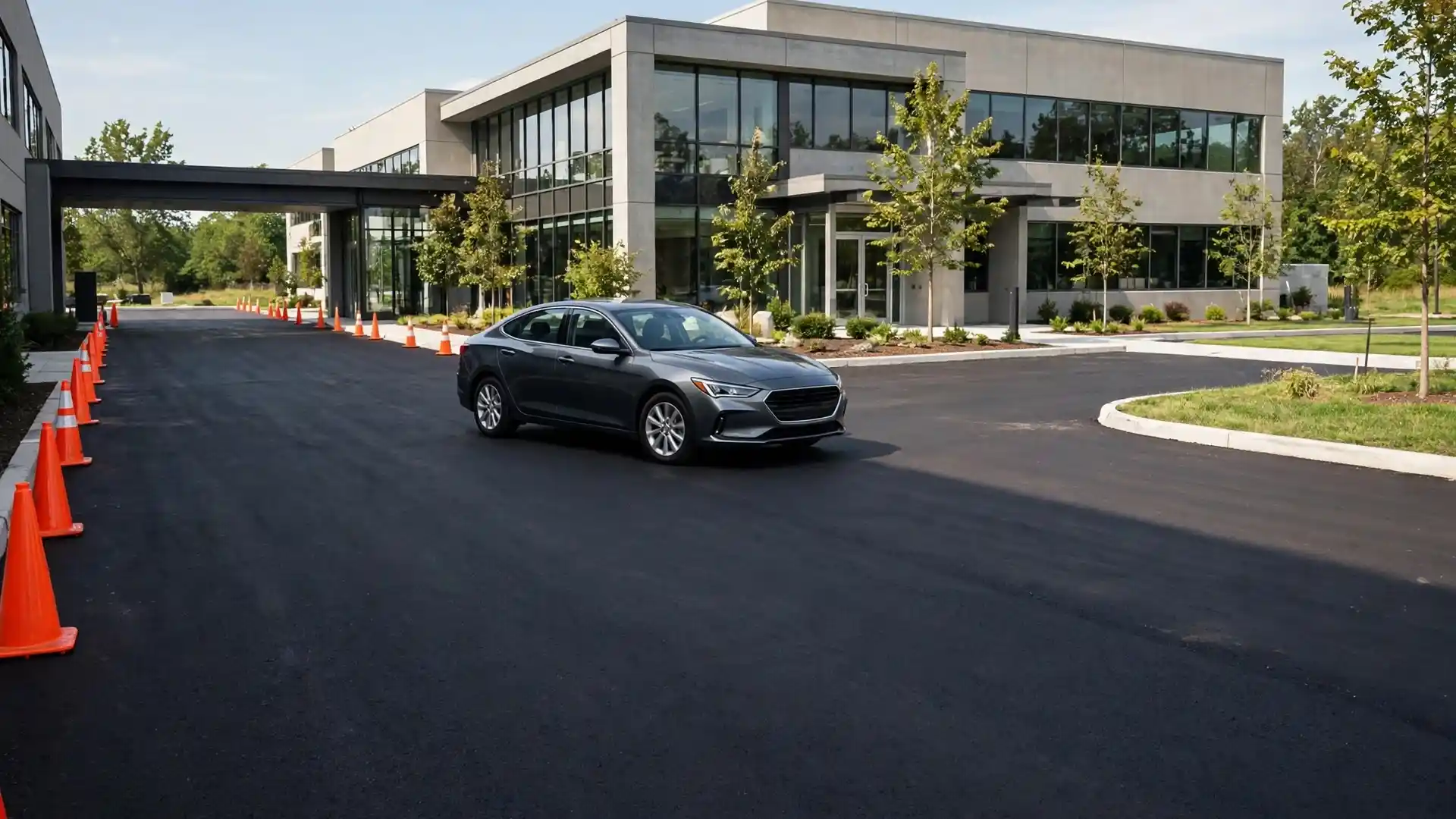 A passenger car driving onto a newly paved commercial asphalt parking lot with traffic cones along the entrance