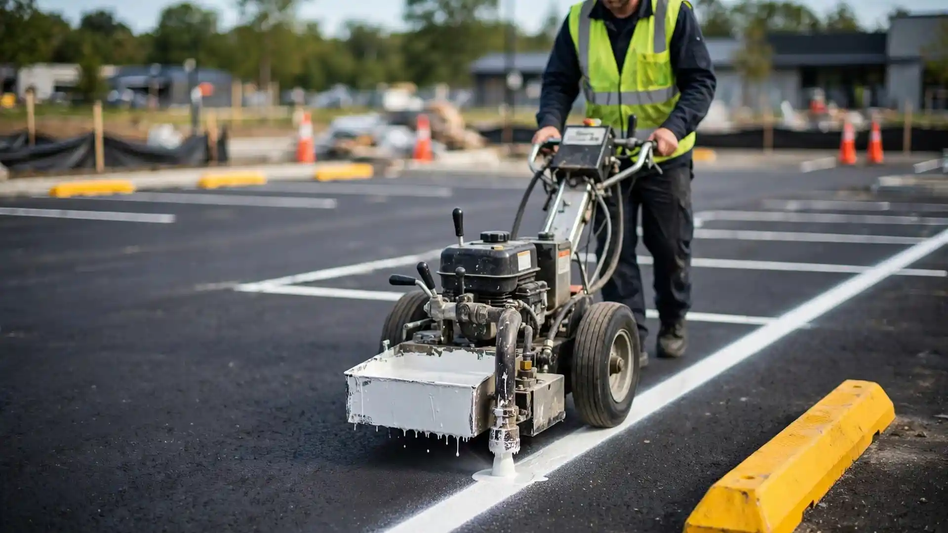 A technician painting a crisp white parking stall line on fresh asphalt with a striping machine