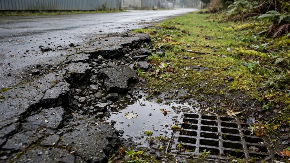 Crumbling asphalt edge beside a wet shoulder with a catch basin nearby