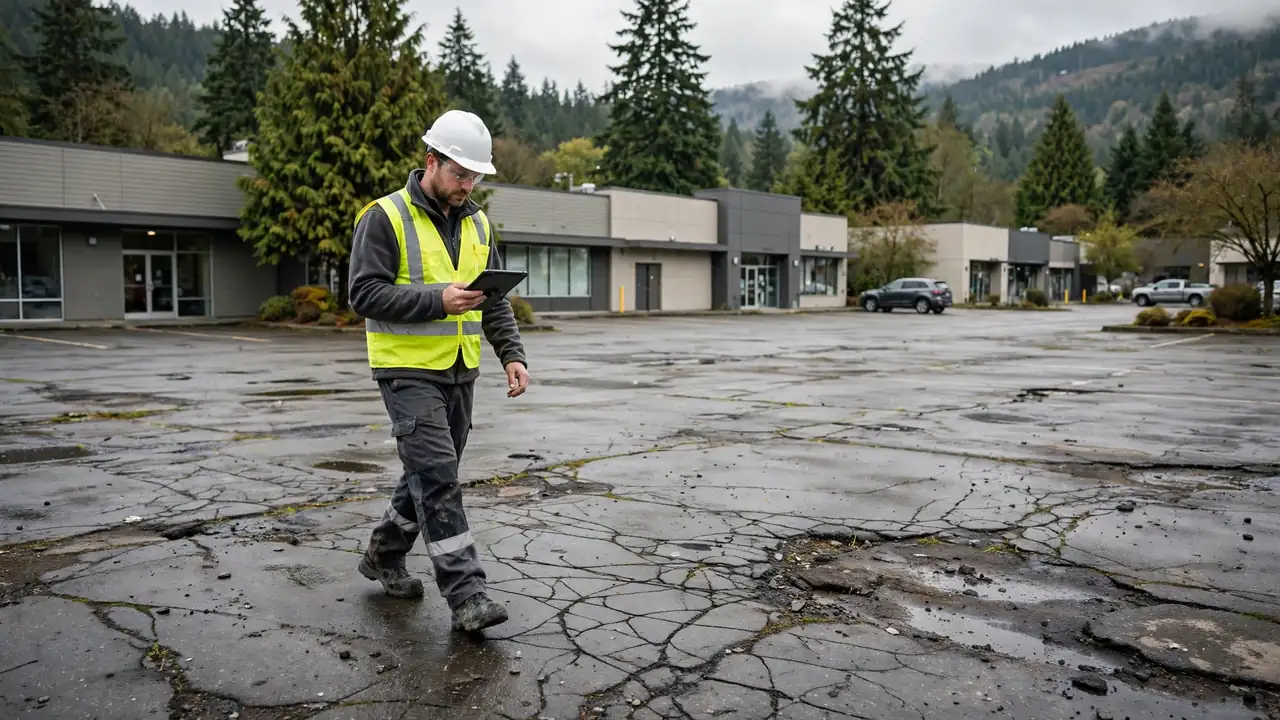 Pavement engineer conducting a condition survey on a cracked parking lot