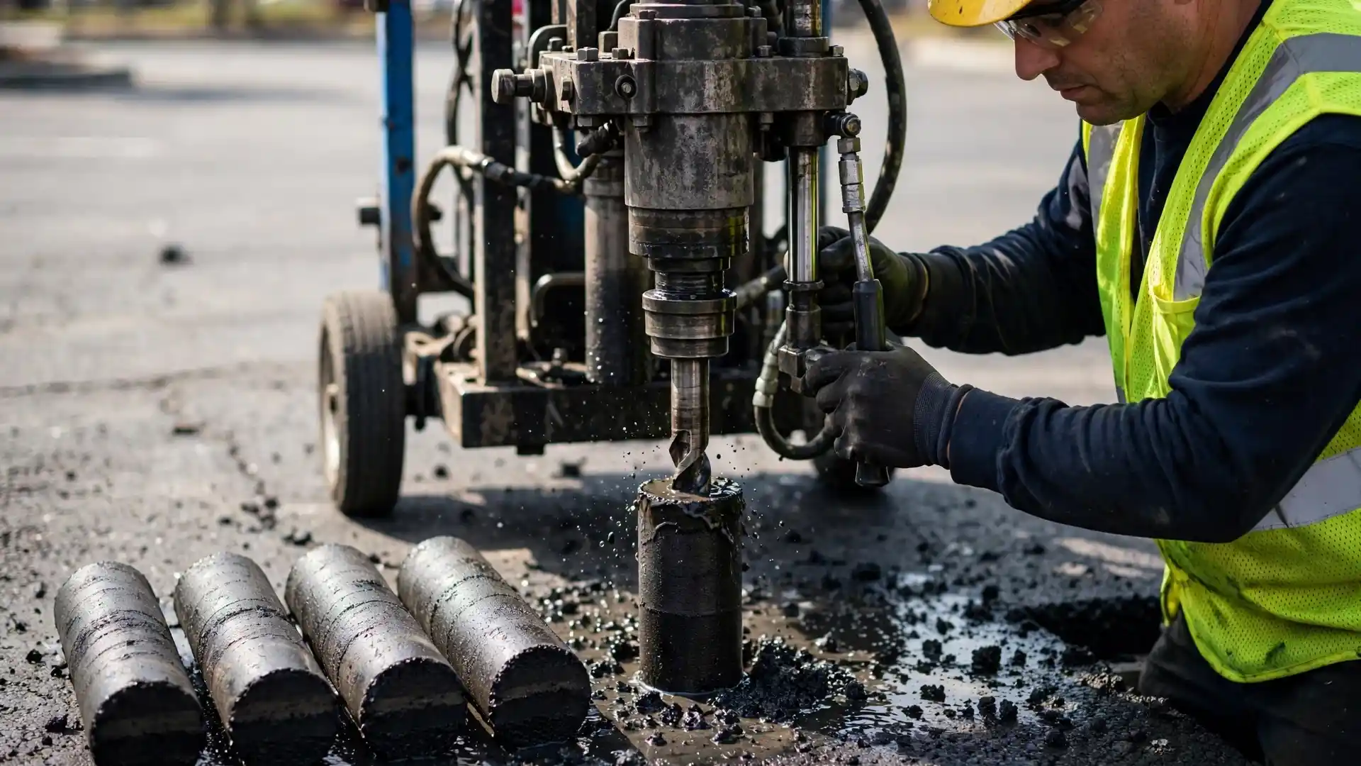 Technician extracting an asphalt core sample from a parking lot with a core drill