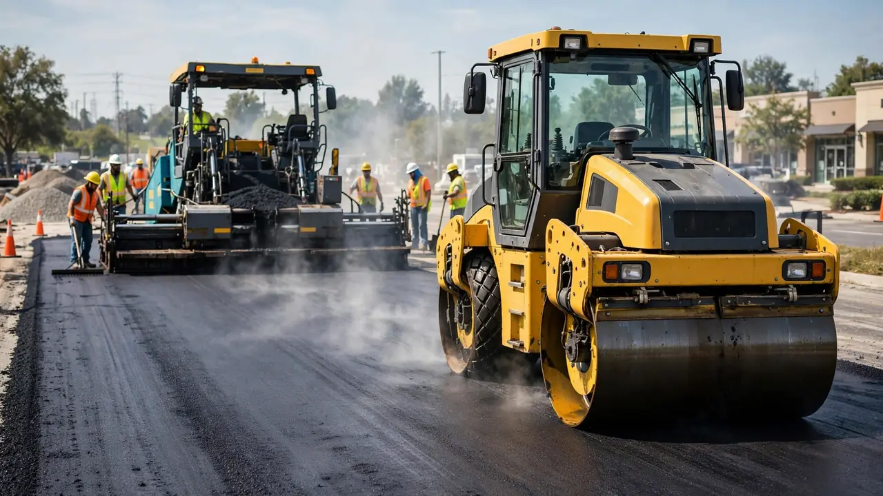 Road roller compacting fresh asphalt on a commercial roadway