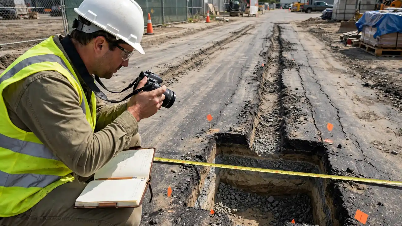 Engineer documenting rutted pavement beside a marked test pit