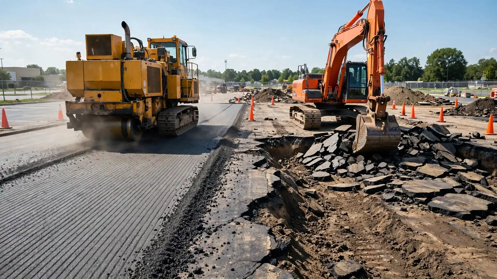 Milling machine and excavator comparing overlay versus full-depth removal scopes