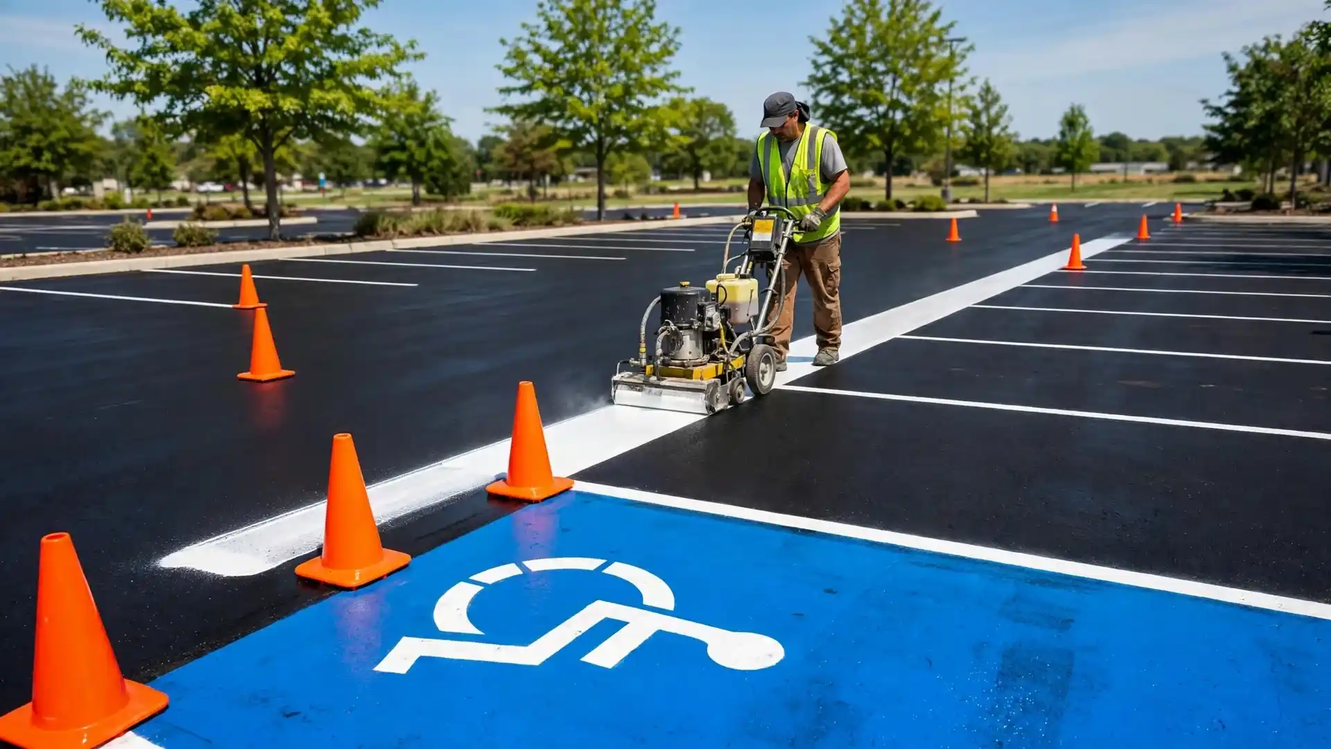 Worker striping fresh parking lines with a blue accessible stall