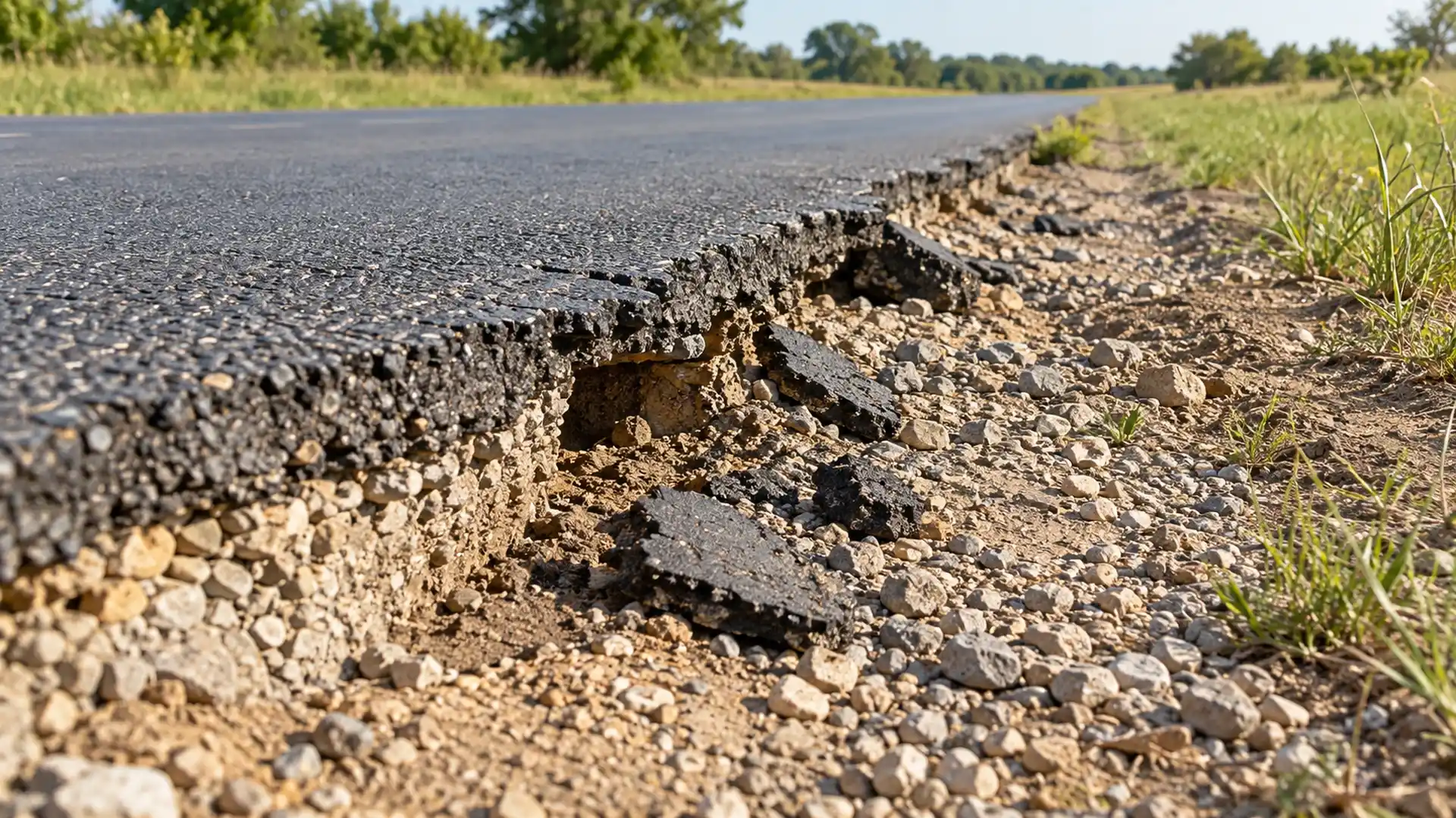 Broken asphalt edge above an eroded gravel shoulder with exposed soil and aggregate.