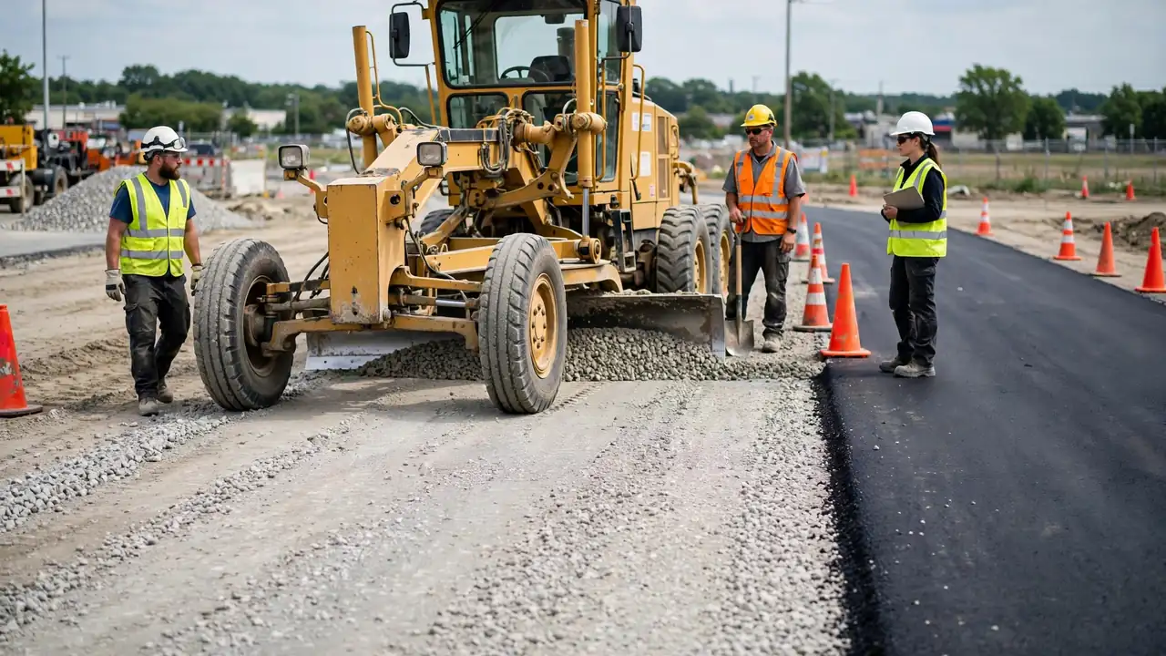Motor grader leveling aggregate base for a commercial roadway