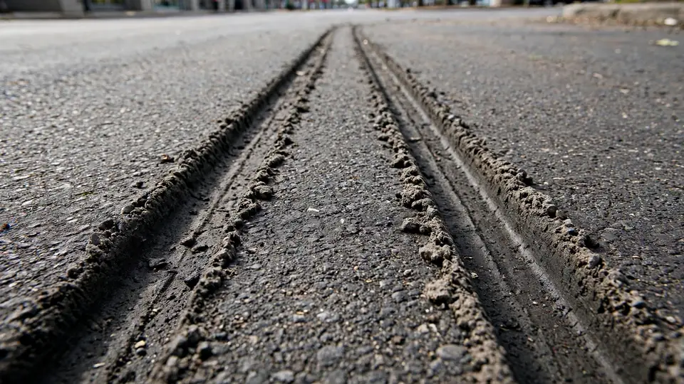 Parallel wheel-track ruts with raised ridges along an asphalt road
