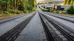 Long commercial road with deep wheel-track grooves under daylight