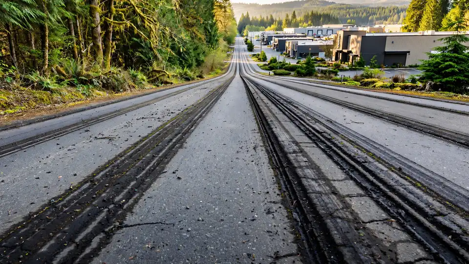 Long commercial road with deep wheel-track grooves under daylight